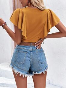SHEIN LUNE Butterfly Sleeve Knot Front Ruffle Trim Crop Blouse - Mustard Yellow - View 2