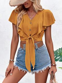 SHEIN LUNE Butterfly Sleeve Knot Front Ruffle Trim Crop Blouse - Mustard Yellow - View 3