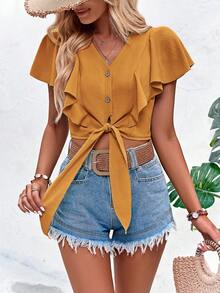 SHEIN LUNE Butterfly Sleeve Knot Front Ruffle Trim Crop Blouse - Mustard Yellow - View 5