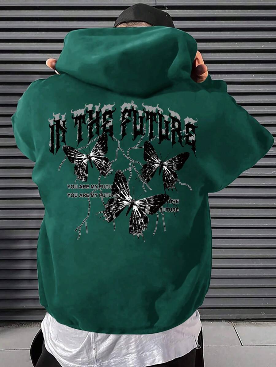 Manfinity EMRG Áo nỉ Nam Dây kéo Túi Slogan Loại bướm Giải trí - Màu xanh lá cây đậm - Xem 1