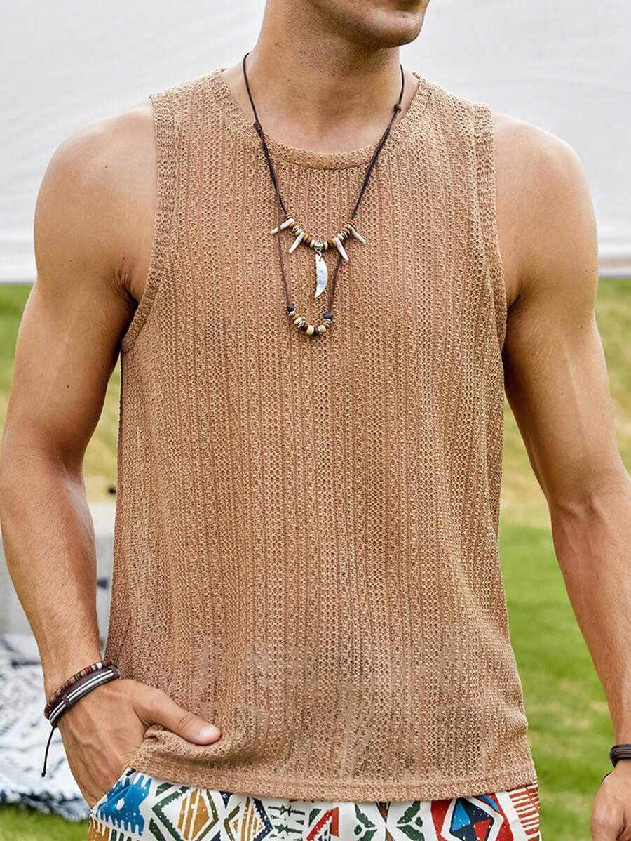 GENTILAND 男士純色背心無袖平面休閒時尚背心，適合作男友禮物 - 棕色 - 查看 1