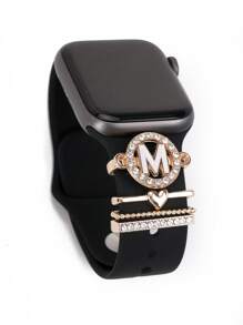 4pcs/set Women Fashionable Rhinestone & Letter Decor Zinc Alloy Watch Accessory, Compatible With Apple Watch - Multicolor - View 2