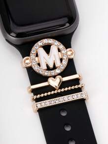 4pcs/set Women Fashionable Rhinestone & Letter Decor Zinc Alloy Watch Accessory, Compatible With Apple Watch - Multicolor - View 5
