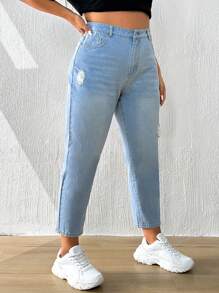SHEIN ICON Plus Ripped Mom Fit Jeans - Light Wash - View 1