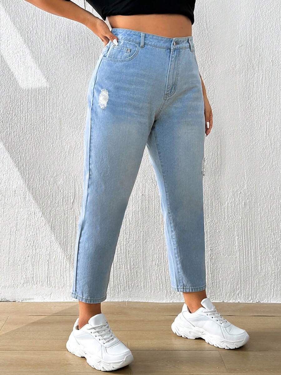 SHEIN ICON Plus Ripped Mom Fit Jeans - Light Wash - View 1