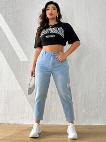 SHEIN ICON Plus Ripped Mom Fit Jeans - Light Wash - View 3