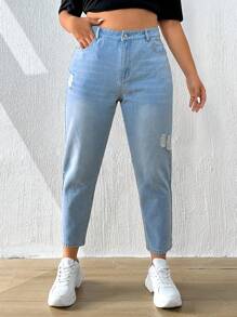 SHEIN ICON Plus Ripped Mom Fit Jeans - Light Wash - View 4