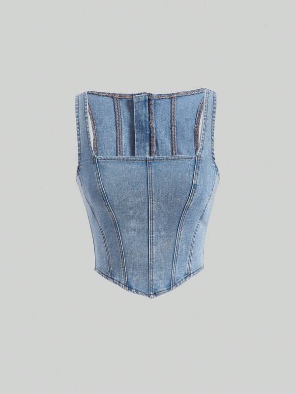 SHEIN MOD Square Neck Hanky Hem Zip Back Tank Denim Top
