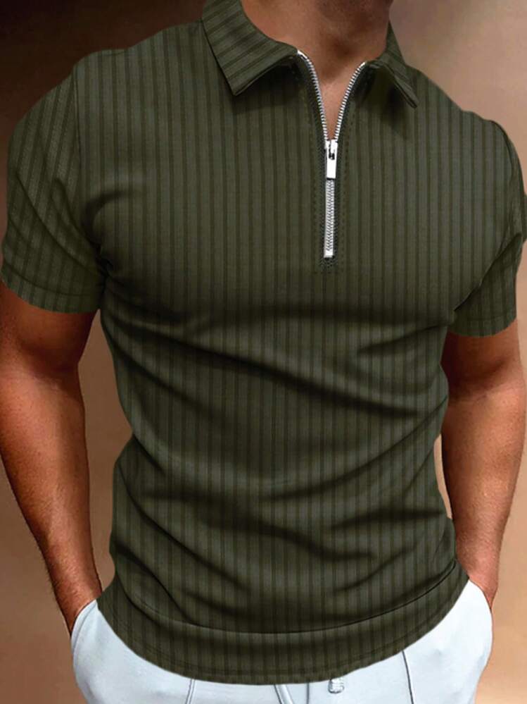 Manfinity Homme Men Quarter Zip Ribbed Knit Quarter Zip Polo Shirt - Army Green - View 1