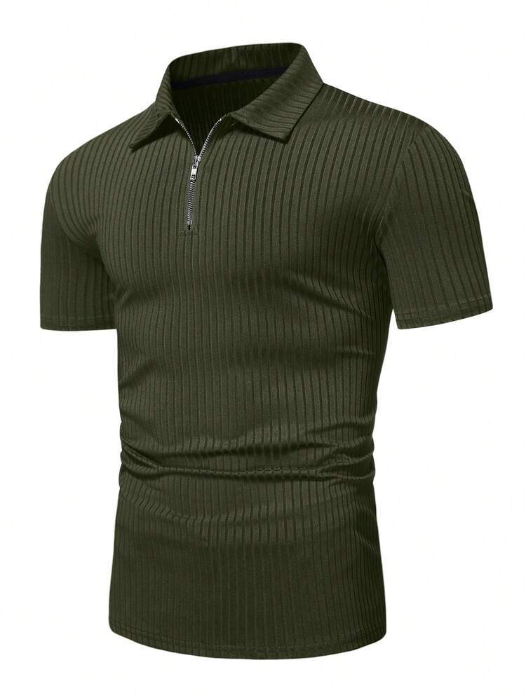 Manfinity Homme Men Quarter Zip Ribbed Knit Quarter Zip Polo Shirt - Army Green - View 3