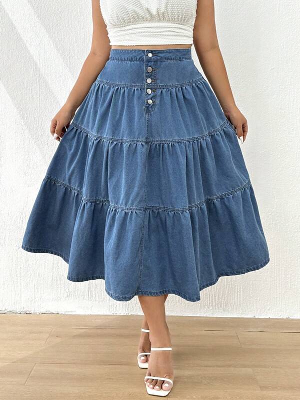SHEIN VCAY Fusta din denim cu tiv cu straturi cu nasturi Plus
