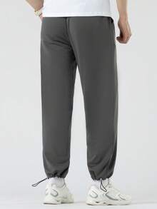 Manfinity Hypemode 男士標語圖案腰部抽繩直筒褲 - 深灰色 - 查看 2