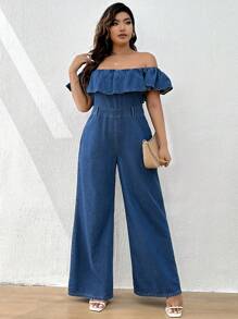 SHEIN Tall CURVE Plus Size Off-The-Shoulder Denim Jumpsuit With Ruffle Detail And Zipper Closure - Blue - View 3