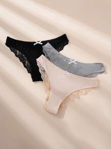 SHEIN 3入組對比蕾絲蝴蝶結裝飾內褲套裝內衣 - 彩色 - 查看 1