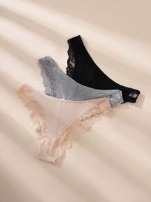 SHEIN 3入組對比蕾絲蝴蝶結裝飾內褲套裝內衣 - 彩色 - 查看 2