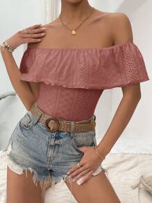 SHEIN VCAY Off Shoulder Ruffle Trim Bodysuit - Pink - View 3