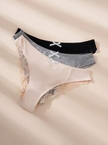 SHEIN 3入組對比蕾絲蝴蝶結裝飾內褲套裝內衣 - 彩色 - 查看 6