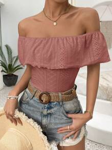 SHEIN VCAY Off Shoulder Ruffle Trim Bodysuit - Pink - View 6