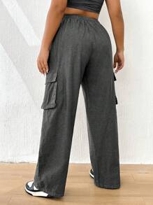 SHEIN EZwear Quần Denim kích thước lớn Dây kéo Túi màu trơn - Màu xám đen - Xem 4