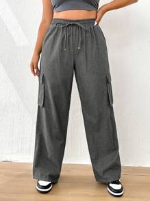 SHEIN EZwear Quần Denim kích thước lớn Dây kéo Túi màu trơn - Màu xám đen - Xem 2