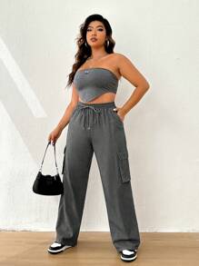 SHEIN EZwear Quần Denim kích thước lớn Dây kéo Túi màu trơn - Màu xám đen - Xem 5