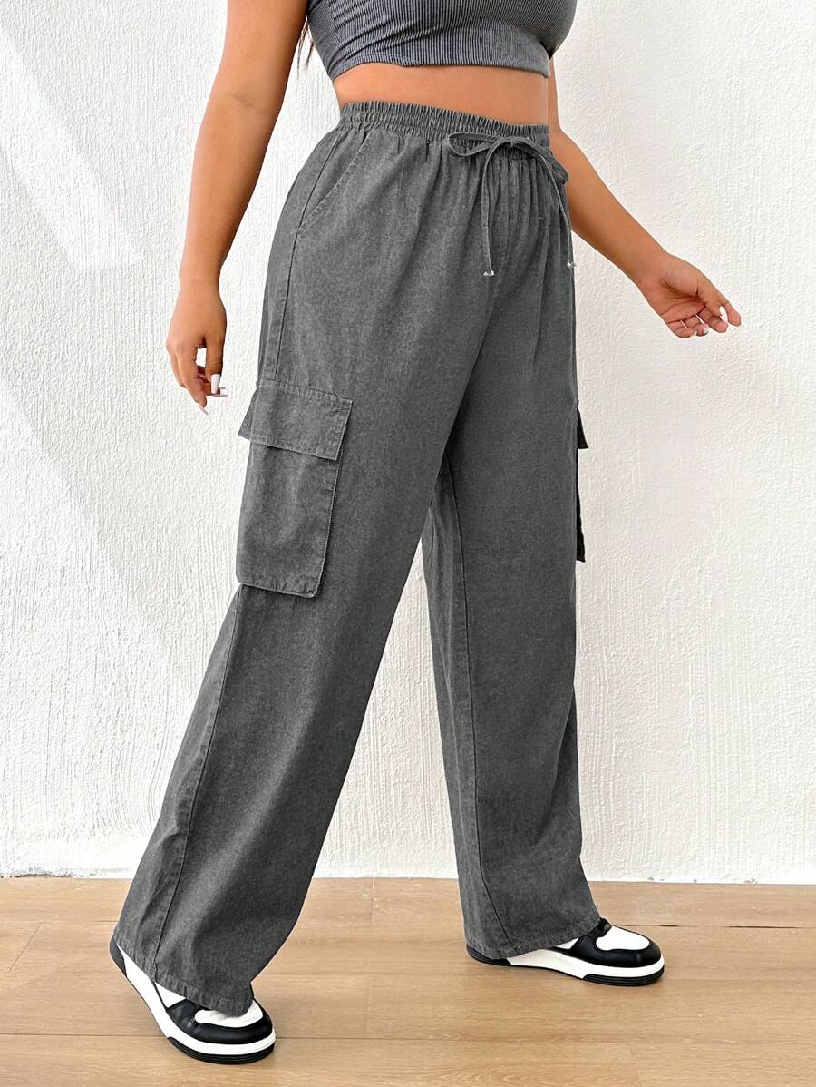 SHEIN EZwear Quần Denim kích thước lớn Dây kéo Túi màu trơn - Màu xám đen - Xem 1