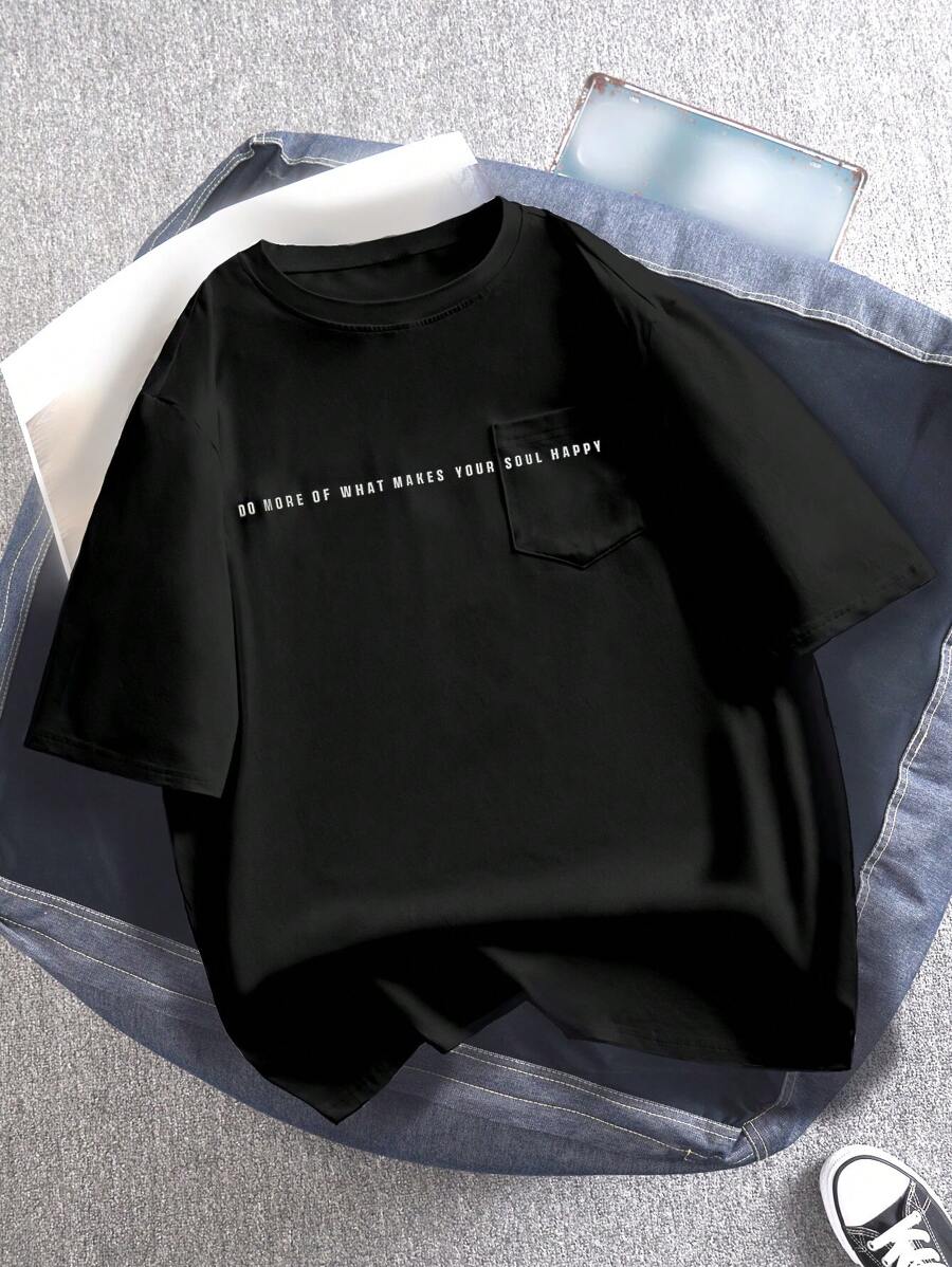 Manfinity Hypemode 男士口號圖案口袋拼接t恤 - 黑色 - 查看 1