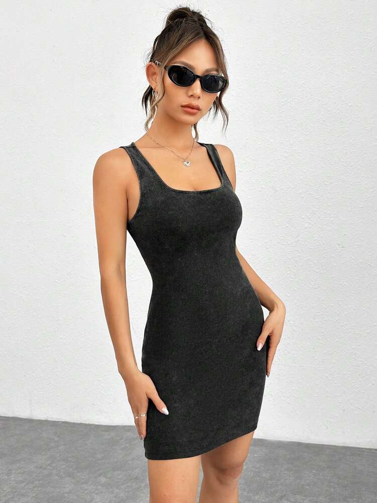 SHEIN EZwear Solid Tank Bodycon Dress - Black - View 5