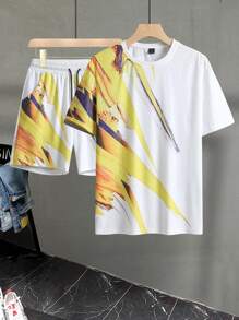 Manfinity LEGND 男士筆刷圖案T恤和腰部抽繩短褲 - 白色 - 查看 2