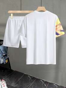 Manfinity LEGND 男士筆刷圖案T恤和腰部抽繩短褲 - 白色 - 查看 3