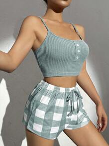 SHEIN Button Front Cami Top & Gingham Print Shorts PJ Set / Pajama Set - Green - View 3