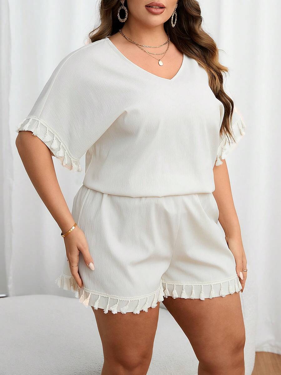 SHEIN Essnce Plus Batwing Sleeve Blouse & Fringe Trim Shorts - White - View 1