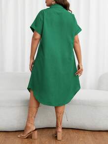 SHEIN LUNE 大碼素色前紐扣襯衫洋裝 - 綠色 - 查看 2