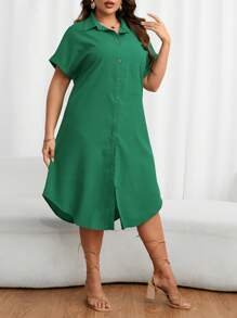 SHEIN LUNE 大碼素色前紐扣襯衫洋裝 - 綠色 - 查看 3