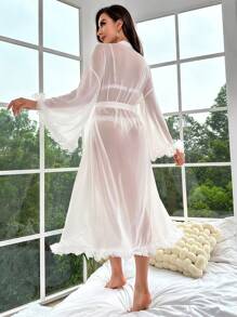 Appliques Detail Belted Mesh Robe Without Lingerie Set - White - View 2