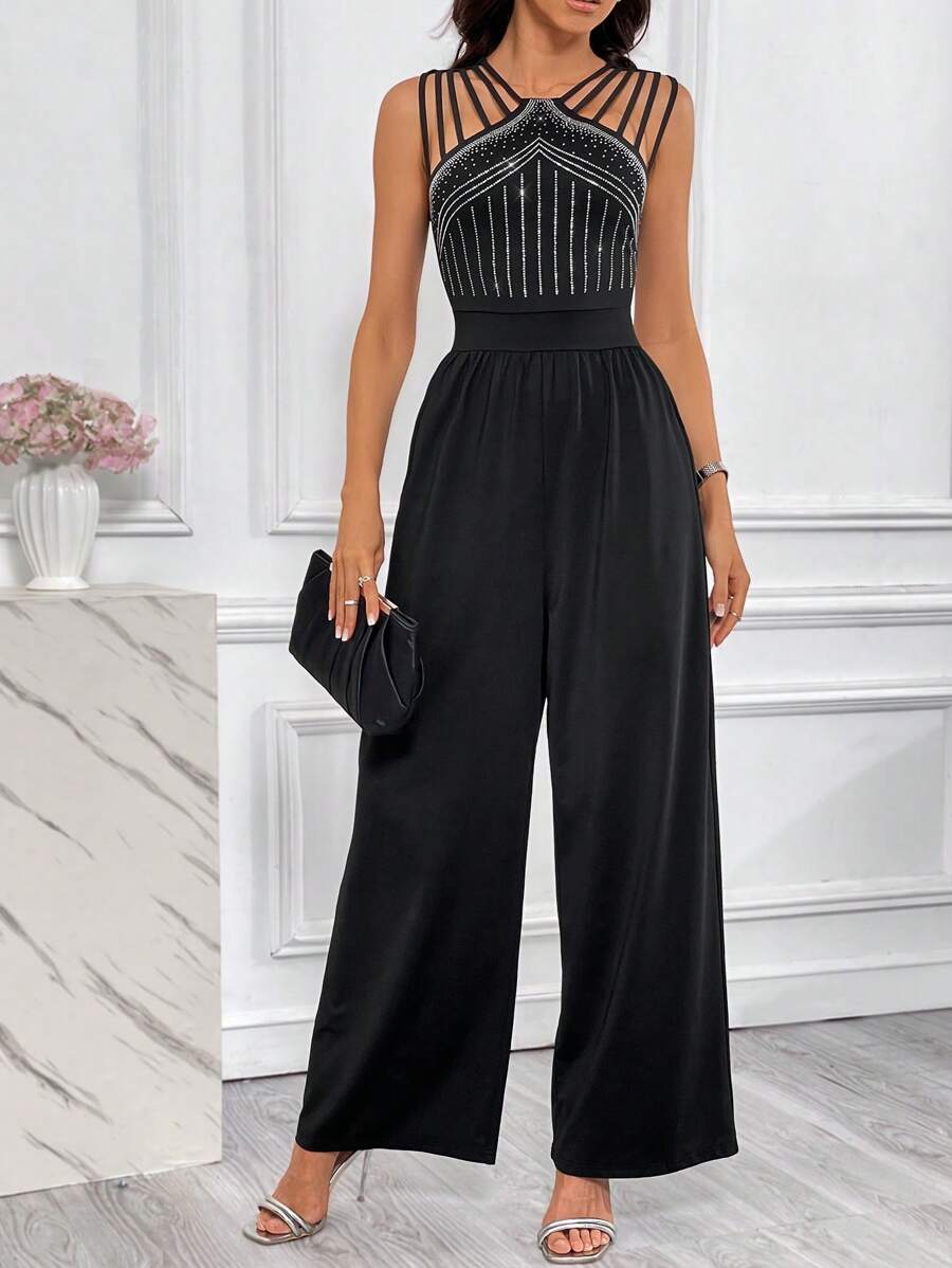 SHEIN Privé Rhinestone Detail Wide Leg Jumpsuit - Black - View 1