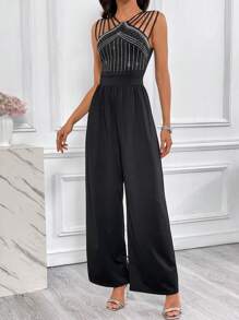 SHEIN Privé Rhinestone Detail Wide Leg Jumpsuit - Black - View 3