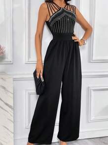 SHEIN Privé Rhinestone Detail Wide Leg Jumpsuit - Black - View 4