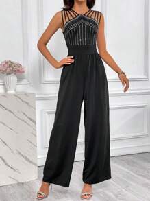 SHEIN Privé Rhinestone Detail Wide Leg Jumpsuit - Black - View 5
