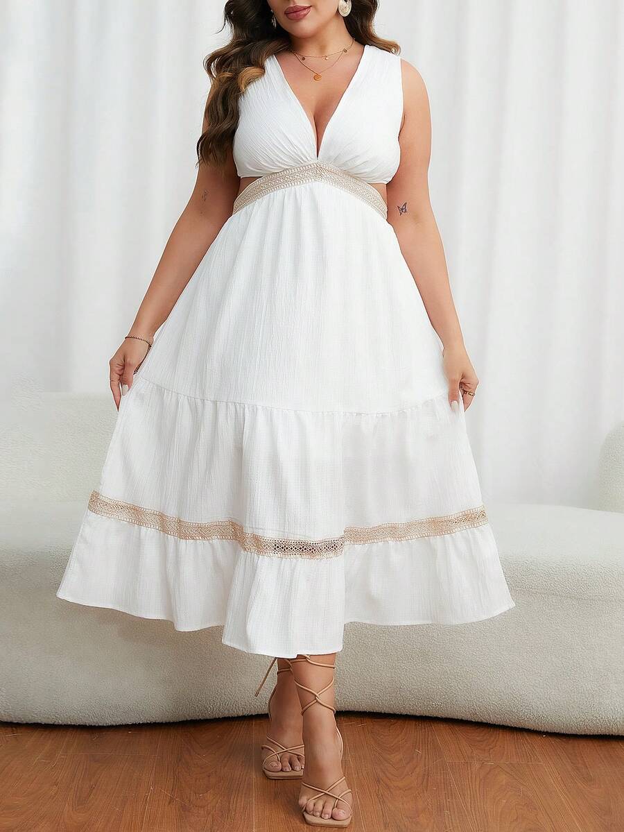 SHEIN Privé 大碼蕾絲拼接荷葉邊連衣裙 - 白色 - 查看 1