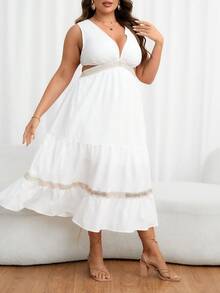 SHEIN Privé 大碼蕾絲拼接荷葉邊連衣裙 - 白色 - 查看 3