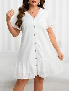 SHEIN LUNE 大碼網眼刺繡荷葉邊娃娃裙 - 白色 - 查看 2