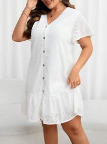 SHEIN LUNE 大碼網眼刺繡荷葉邊娃娃裙 - 白色 - 查看 4