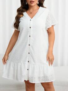 SHEIN LUNE 大碼網眼刺繡荷葉邊娃娃裙 - 白色 - 查看 5