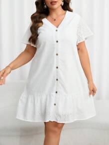 SHEIN LUNE 大碼網眼刺繡荷葉邊娃娃裙 - 白色 - 查看 7