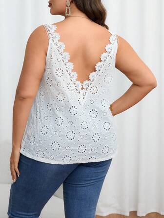 SHEIN Privé 大碼拼接水溶蕾絲寬肩帶上衣