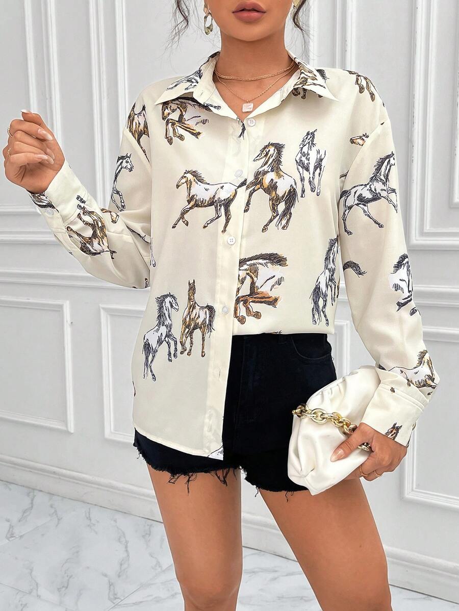 SHEIN Essnce Horse Print Button Front Shirt,Long Sleeve Tops - Beige - View 1