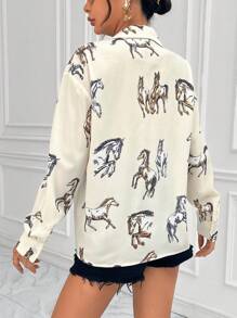 SHEIN Essnce Horse Print Button Front Shirt,Long Sleeve Tops - Beige - View 2