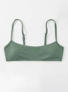 SHEIN Swim 素色羅紋吊帶比基尼泳裝上衣 - 軍綠色 - 查看 4