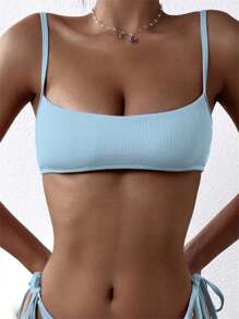 SHEIN Swim Summer Beach Solid Rib Cami Bikini Top - Baby Blue - View 1